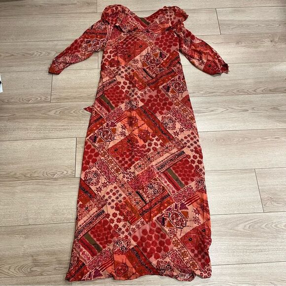 Free People Orange Patterned Lennon Button Down Ruffle Maxi Dress Size S - Picture 4 of 5